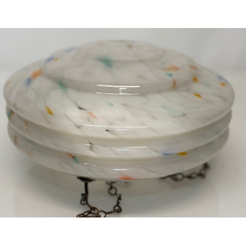 59 - Lighting, a glass hanging shade decorated with a range of coloured highlights on a white ground, 26 ... 