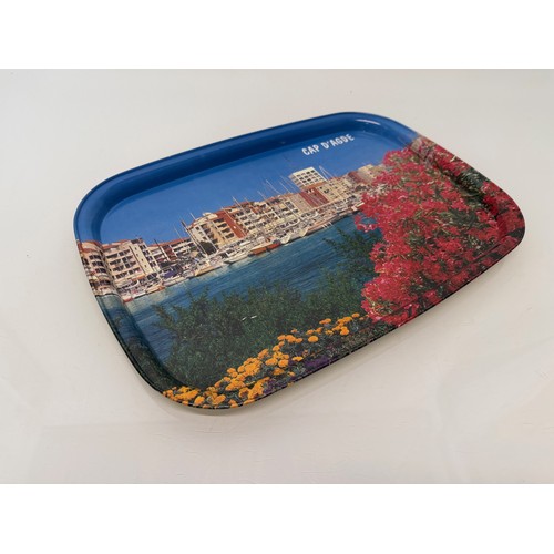 62 - Mid century Kitsch, a steel serving tray with a lithographed mediterainian scene to the front.

This... 