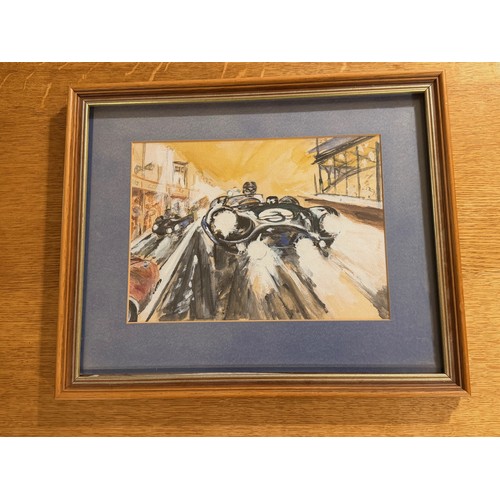 239 - Automobilia Art,a  Jaguar Racing Car at Speed at Le Mans, an original painting of Mike Hawthorn in 1... 