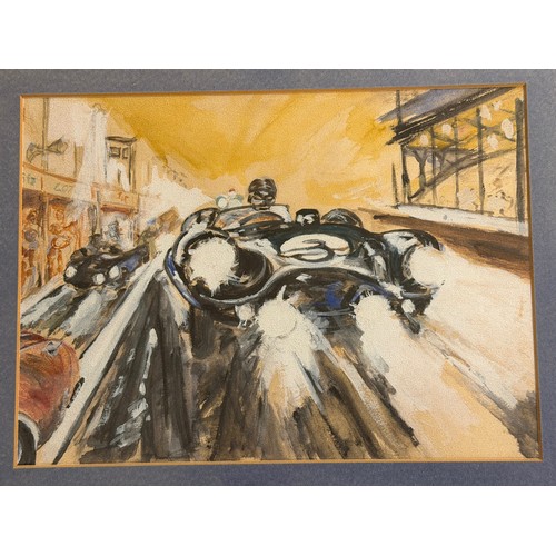 239 - Automobilia Art,a  Jaguar Racing Car at Speed at Le Mans, an original painting of Mike Hawthorn in 1... 