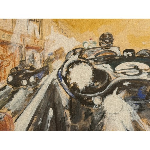 239 - Automobilia Art,a  Jaguar Racing Car at Speed at Le Mans, an original painting of Mike Hawthorn in 1... 