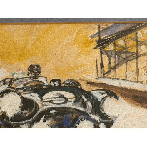 239 - Automobilia Art,a  Jaguar Racing Car at Speed at Le Mans, an original painting of Mike Hawthorn in 1... 