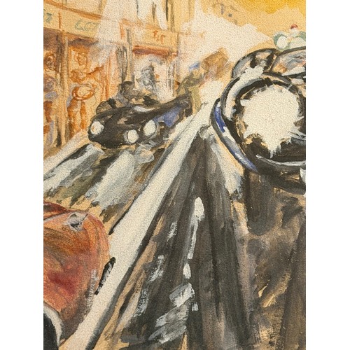 239 - Automobilia Art,a  Jaguar Racing Car at Speed at Le Mans, an original painting of Mike Hawthorn in 1... 