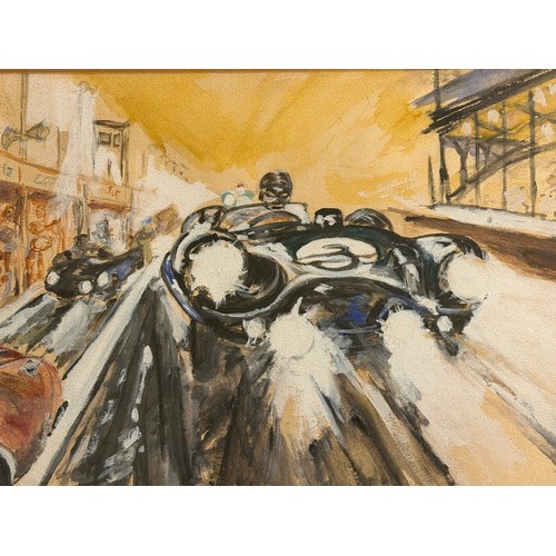 239 - Automobilia Art,a  Jaguar Racing Car at Speed at Le Mans, an original painting of Mike Hawthorn in 1... 