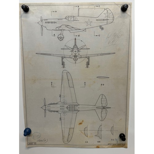 215 - Militaria, WWII aircraft plans on linen, a Russian LAGG- 3, 28 cm x 38 cm.

This lot is available fo... 