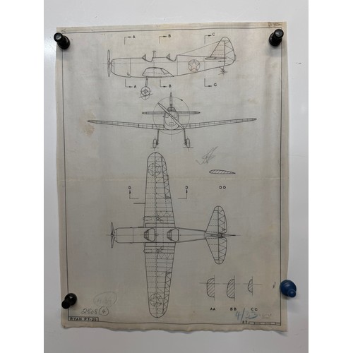 222 - Militaria, ephemera, WWII US aircraft plans on linen, a Ryan PT 25,  38 cm x 28 cm

This lot is avai... 