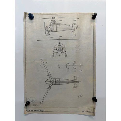191 - British aviation WWI planes, Vintage aircraft plans on linen of a Westland Autogyro CL20, 27cm x 39 ... 