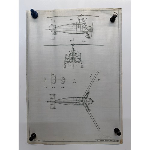 191 - British aviation WWI planes, Vintage aircraft plans on linen of a Westland Autogyro CL20, 27cm x 39 ... 