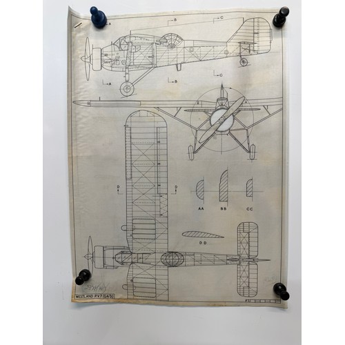 194 - British aviation WWI planes, Vintage aircraft plans on linen Westland PV7, 27cm x 39 cm.

This lot i... 