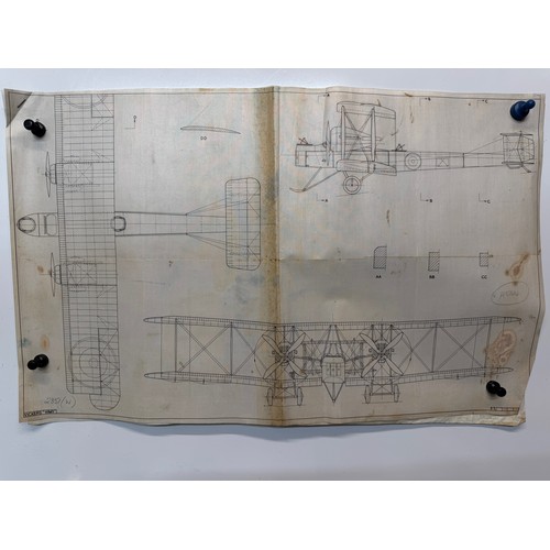 189 - British aviation RAF RFC WWI & WWII planes, Vintage aircraft plans on linen of a Vickers Vimy, 60cm ... 