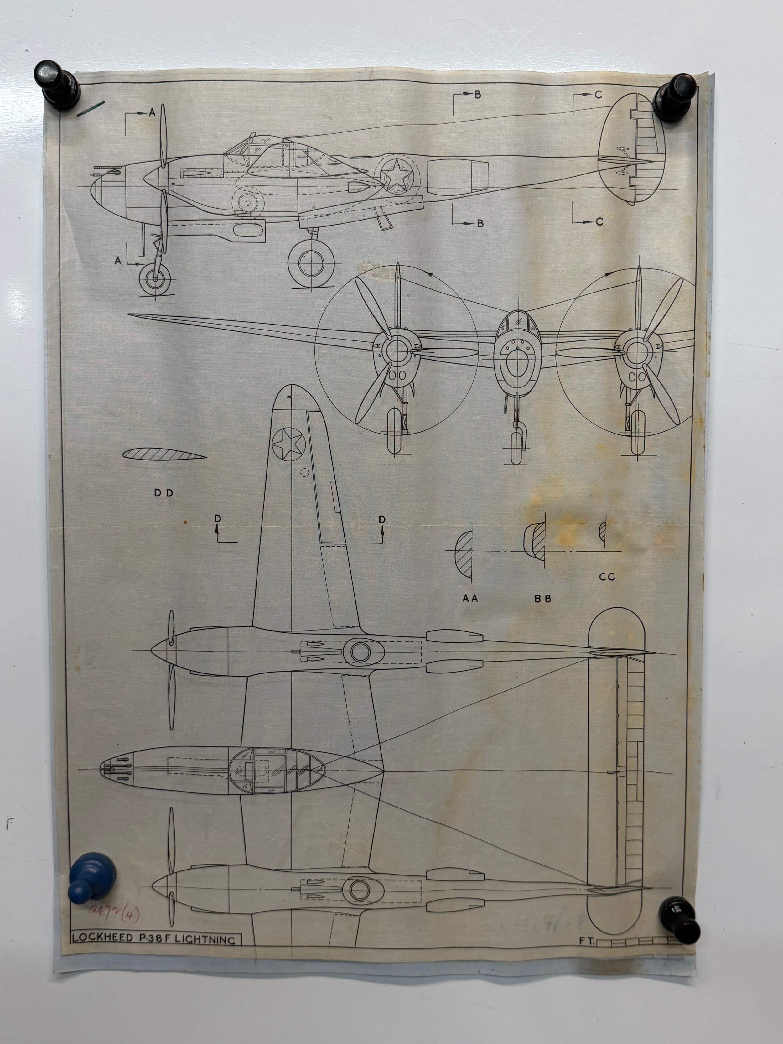 Militaria, ephemera, 2 WWII US aircraft plans on linen, a Lockheed P38 ...
