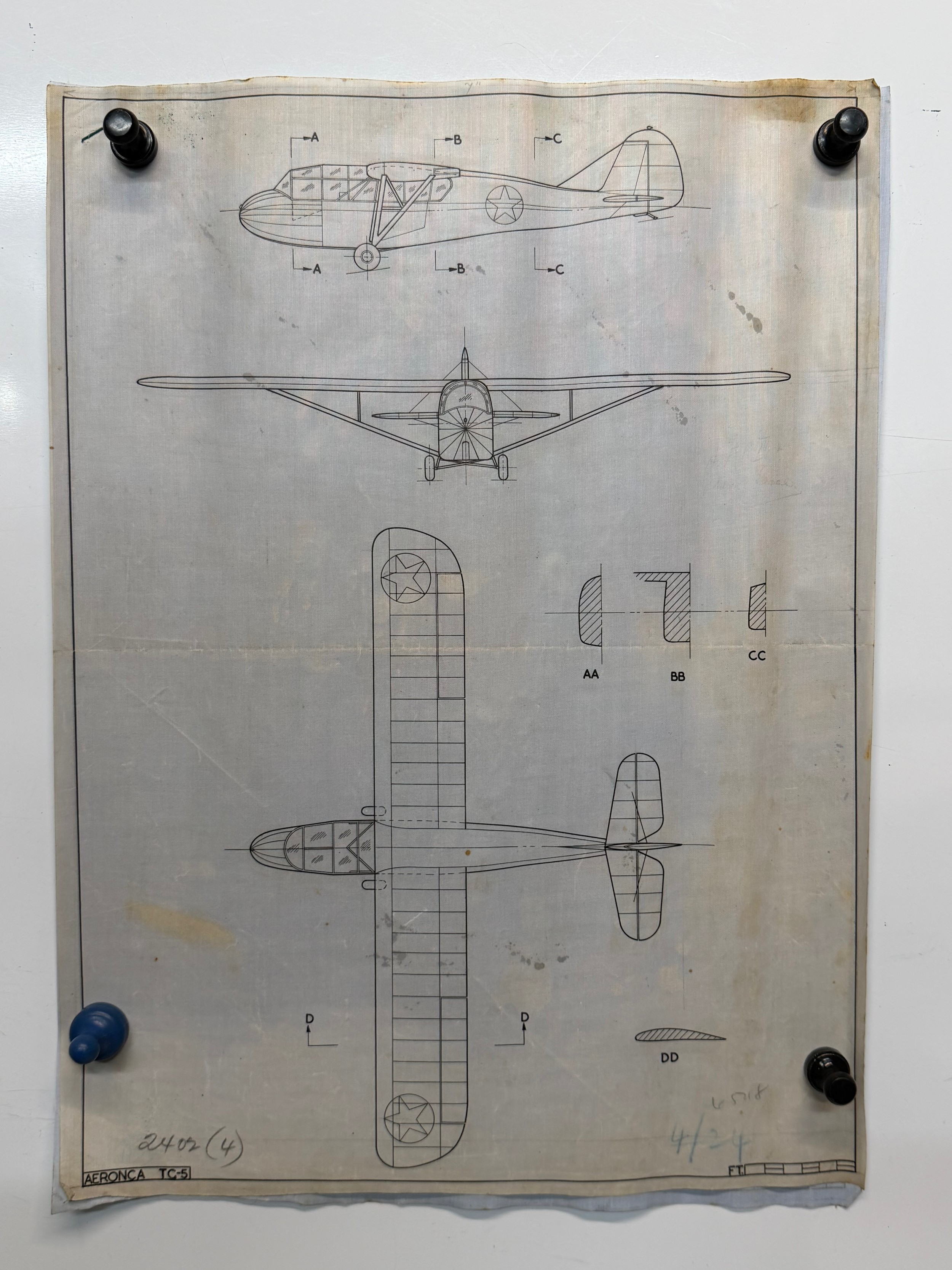 Militaria, ephemera, 2 WWII US aircraft plans on linen, a Aeronca TC5 ...