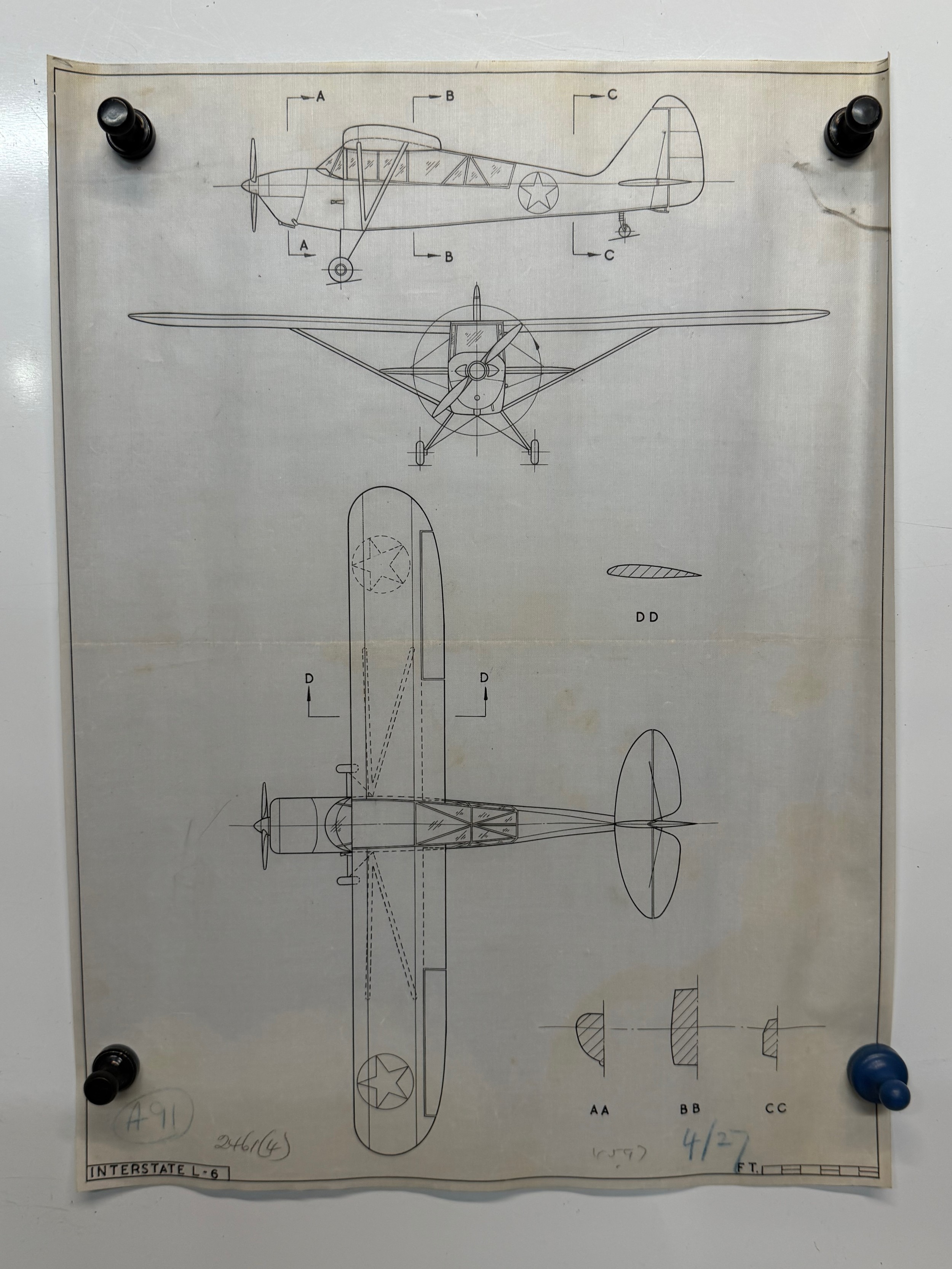 Militaria, ephemera, WWII US aircraft plans on linen, a Interstate L-6 ...