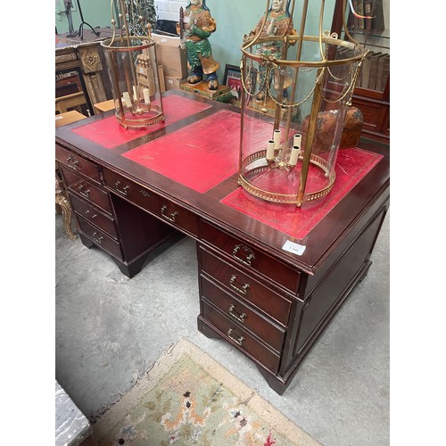 130 - Mahogany Pedestal Style Desk, Red Leather Top 150x92x76cm High
