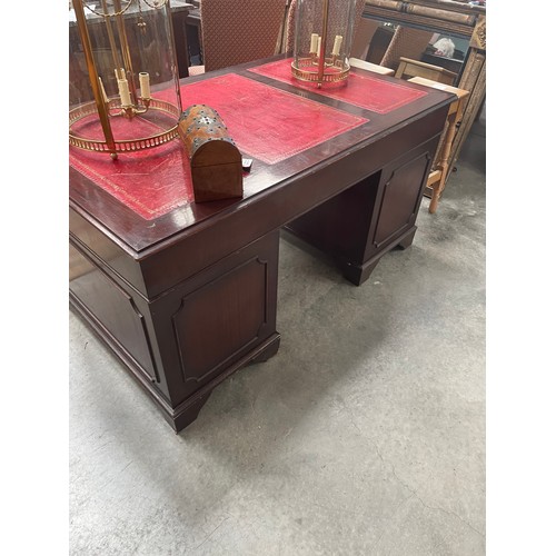 130 - Mahogany Pedestal Style Desk, Red Leather Top 150x92x76cm High