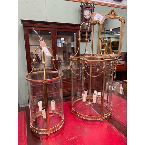 134 - Brass Hanging Hall Lantern 26cm Diameter x 64cm High