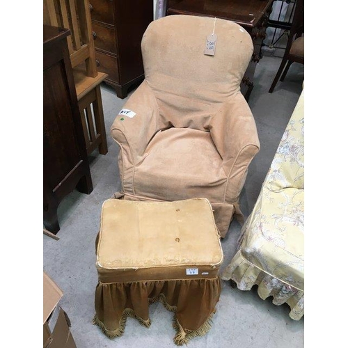 88 - Vict Fabric Carved Easy Armchair & Foot Stool