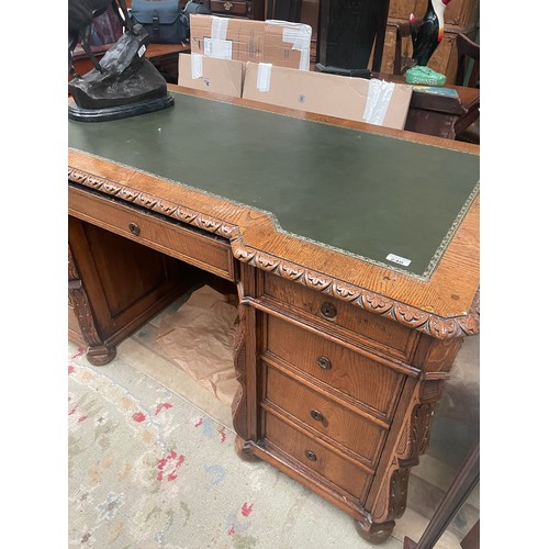 240 - Victorian Oak Carved Desk Leather Tooled Top. Solid Panel on Front 150x82