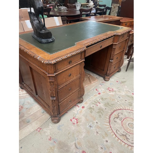 240 - Victorian Oak Carved Desk Leather Tooled Top. Solid Panel on Front 150x82