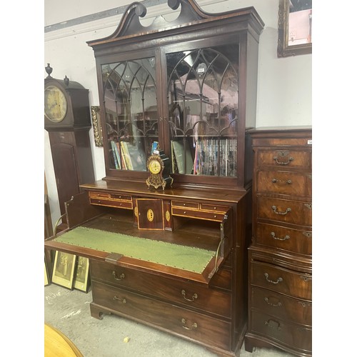 307 - Georgian Mahogany Inlaid Secretaire Bookcase, swan neck pediment over 2 Astral Glazed Doors over  Se... 