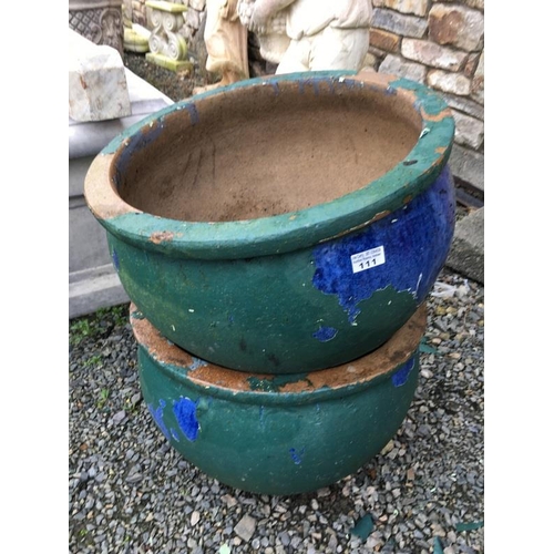 111 - 2 Blue Glazed Pots Painted green