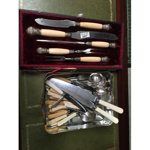 Bone Handle Carving Set & Tin Of Cutlery