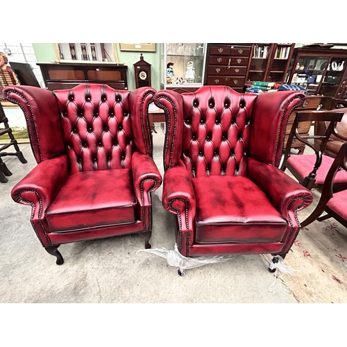 162 - Pr of Red Button Back  Chesterfield Wing Back Armchairs