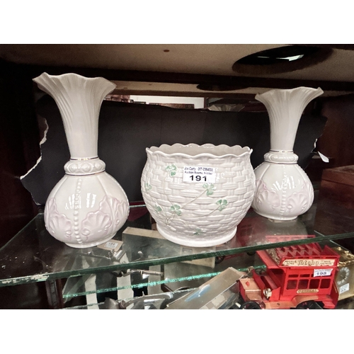 191 - Pr Of Belleek Vases & Bowl