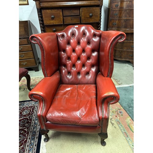 230 - Red Leather Wing Back Chesterfield ArmChair