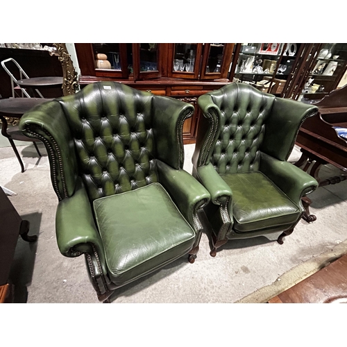 24 - Pr of Green Leather Wing Back Library Chairs