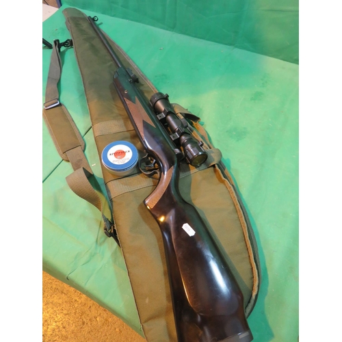 67 - AIR RIFLE WITH CASE, SCOPE AND TIN OF PELLETS