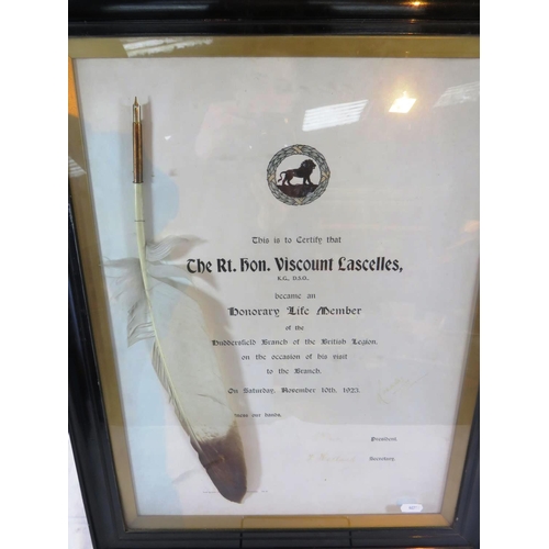 53 - A FRAMED QUILL PEN AWARDED TO THE RIGHT HONOURABLE VISCOUNT LASCELLES FOR HONARY LIFE MEMBER OF THE ... 