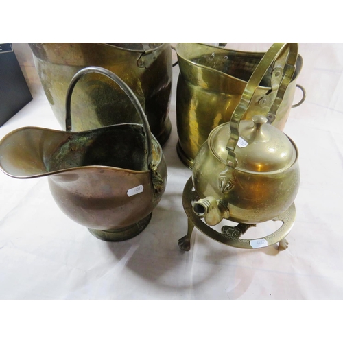 253 - TWO BRASS COAL SCUTTLES, COPPER COAL SCUTTLE AND BRASS KETTLE AND TRIVET