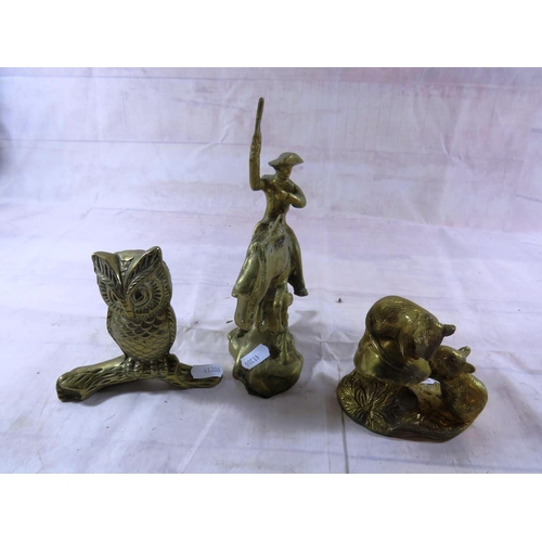 255 - THREE BRASS FIGURES OWL, MICE AND COWBOY ON HORSE