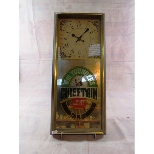 257 - WM YOUNGERS CHIFFON LIGHT ADVERTISING MIRROR/CLOCK