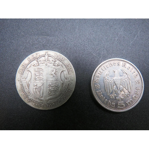 329 - 1909 SILVER HALF CROWN AND 1935 SILVER GERMAN 5 MARKS