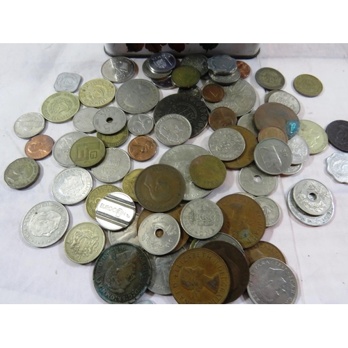 344 - A TIN FULL OF VARIOUS COINS