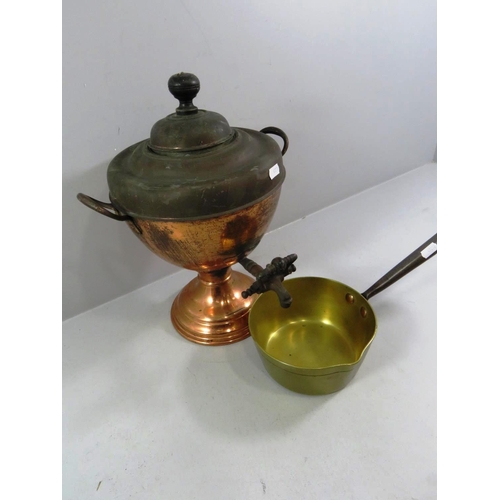 154 - HEAVY BRASS AND CAST PAN AND A COPPER SAMOVAR