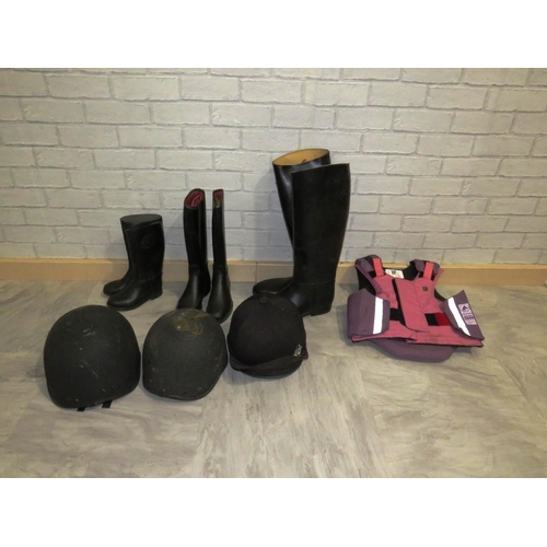 181 - HORSE RIDING ITEMS , BOOTS, HATS AND SAFETY VESTS