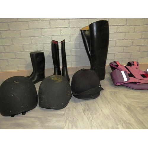 181 - HORSE RIDING ITEMS , BOOTS, HATS AND SAFETY VESTS