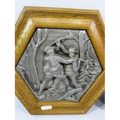 197 - OAK FRAMED SPELTER PLAQUE SHOWING A HUNTING SCENE