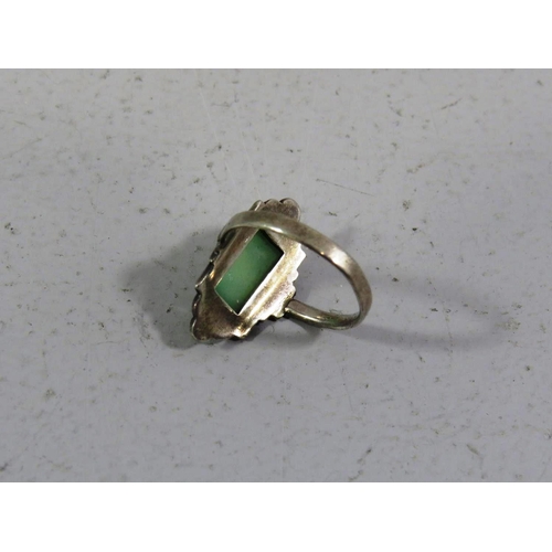 375 - VINTAGE STERLING SILVER, MARCASITE RING WITH GREEN GEMSTONE