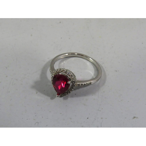 384 - 925 SILVER RED PEAR DROP STONE RING