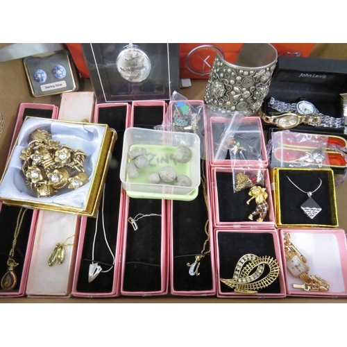 447 - BOX OF JEWELLERY AND WATCHES INCLUDES SILVER NECKLACE AND EARRINGS AND 9CT WHITE GOLD NECKLACE