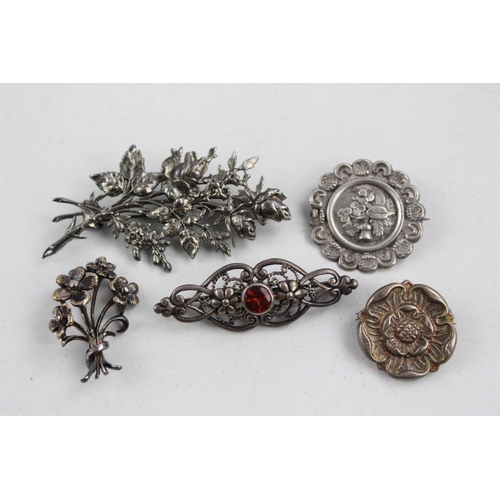 147 - 5 x Vintage .925 Sterling Silver Flower BROOCHES inc Garnet, Bouquet (29g)