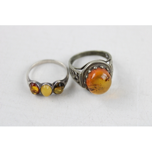 83 - 4 x Vintage .925 Sterling Silver AMBER RINGS inc. Modernist, Cutwork (13g)