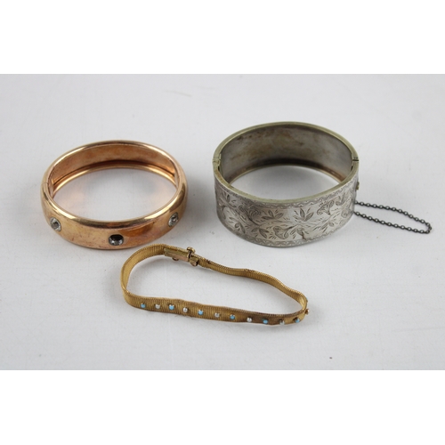 46 - 3 x Antique BANGLES & BRACELETS inc. Gold Plated, Aesthetic Movement, Mesh