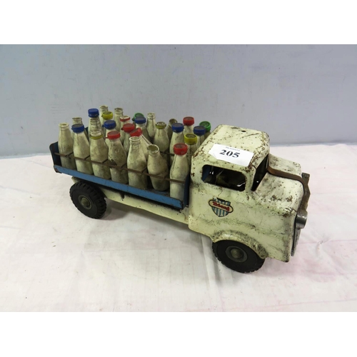 205 - VINTAGE TIN PLATE TRIANG MILK WAGON WITH ORIGINAL MILK BOTTLES