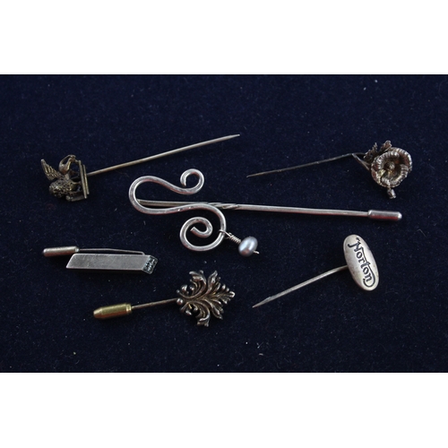 46 - 6 x Vintage .925 Sterling Silver STICK PINS inc. Flower, Lion, Mixed (25g)