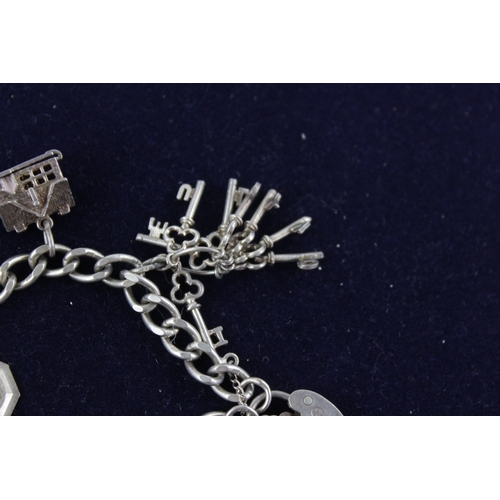 37 - Vintage 1970s .925 Sterling Silver CHARM BRACELET w/ Heart Padlock Clasp (38g)